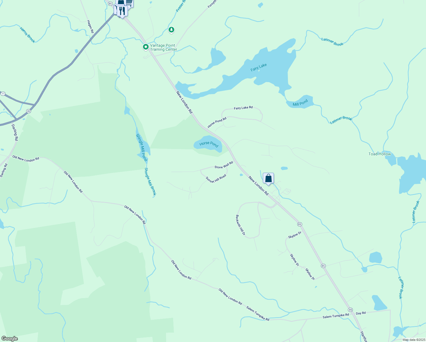 map of restaurants, bars, coffee shops, grocery stores, and more near 36 Stone Wall Road in Salem