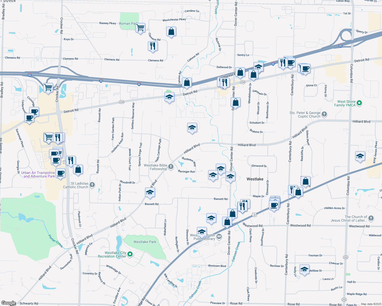 map of restaurants, bars, coffee shops, grocery stores, and more near 27905 Hilliard Blvd in Westlake
