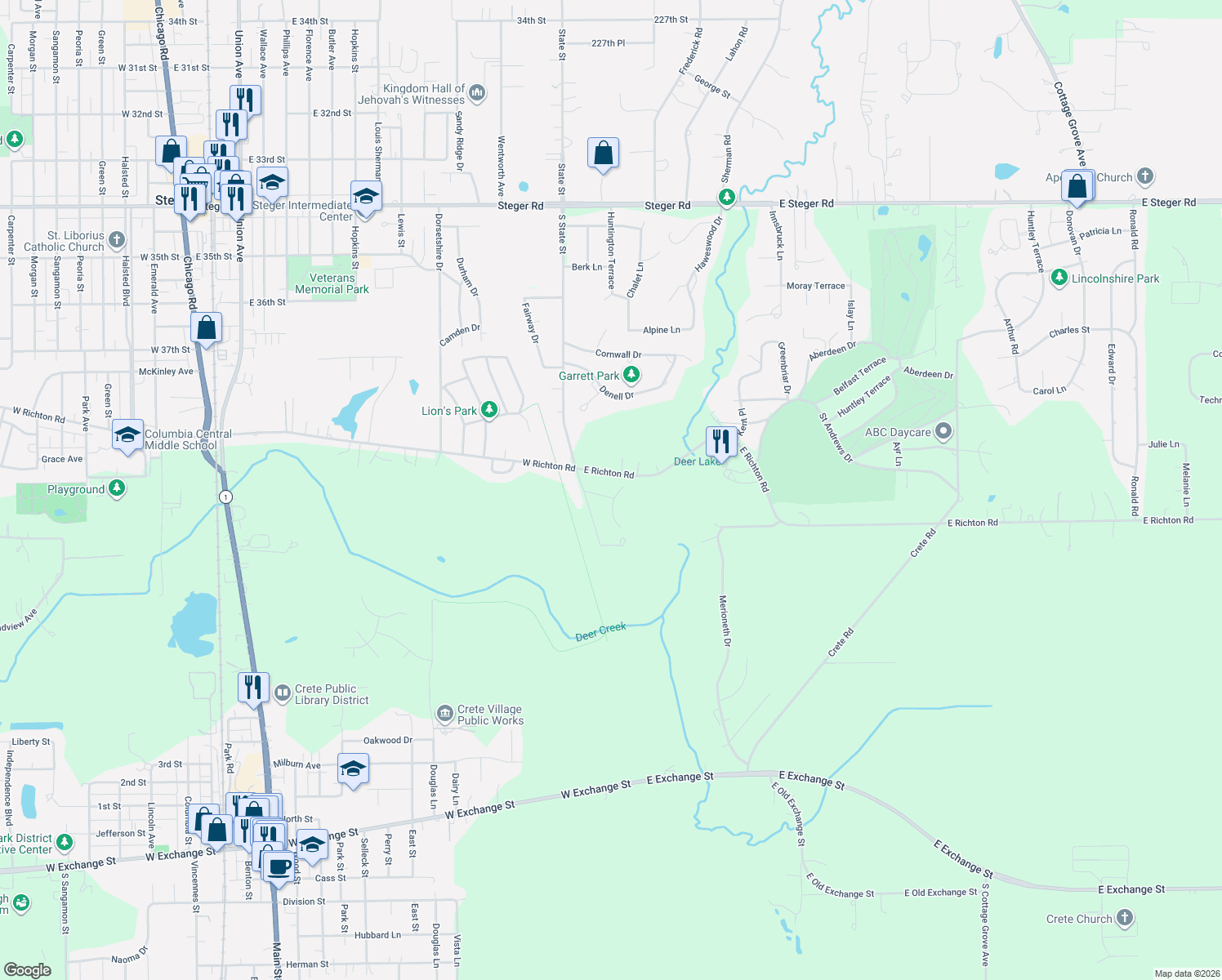 map of restaurants, bars, coffee shops, grocery stores, and more near 3708 Cooper Place in Crete