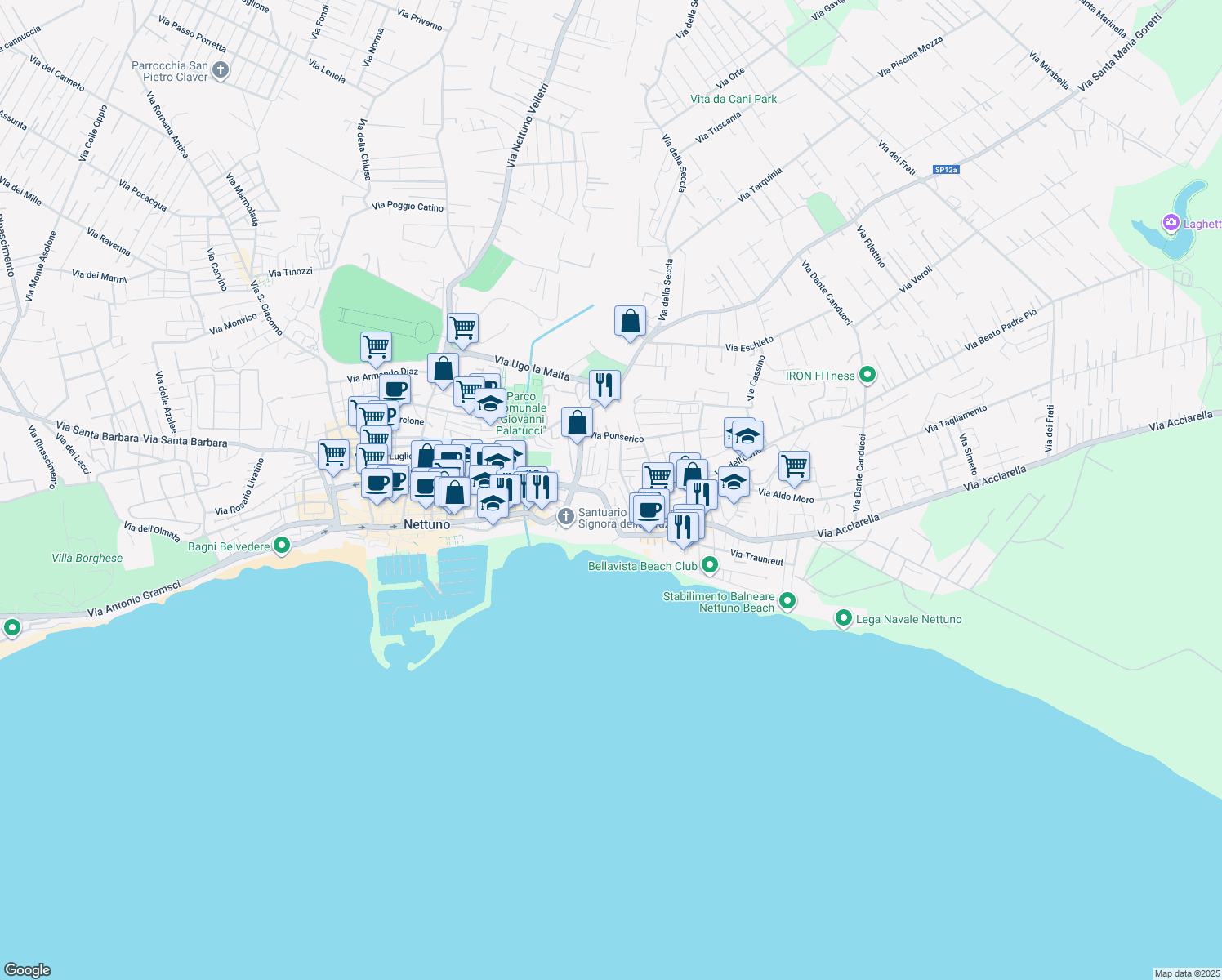 map of restaurants, bars, coffee shops, grocery stores, and more near 4 Via Ponza in Nettuno