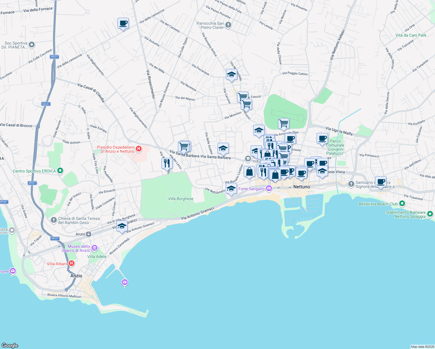 map of restaurants, bars, coffee shops, grocery stores, and more near 5 Via Zaccaria Negroni in Nettuno