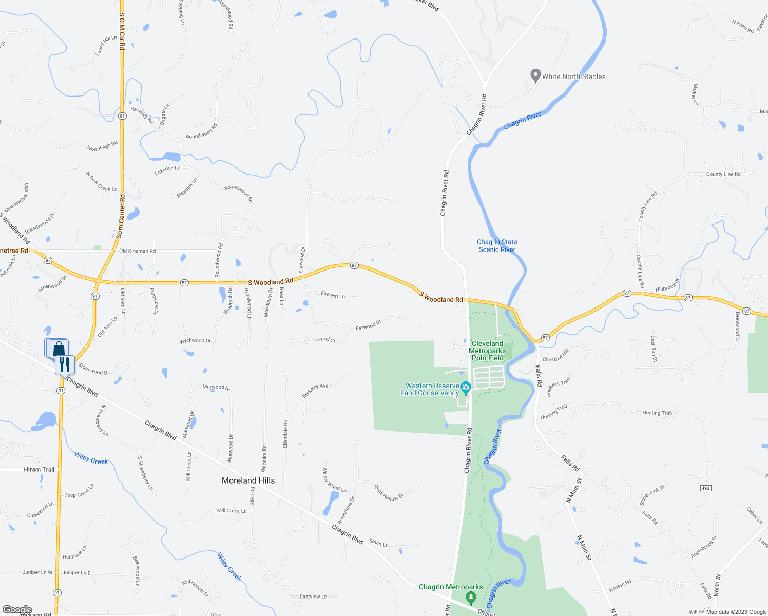 map of restaurants, bars, coffee shops, grocery stores, and more near 85 Farwood Drive in Chagrin Falls