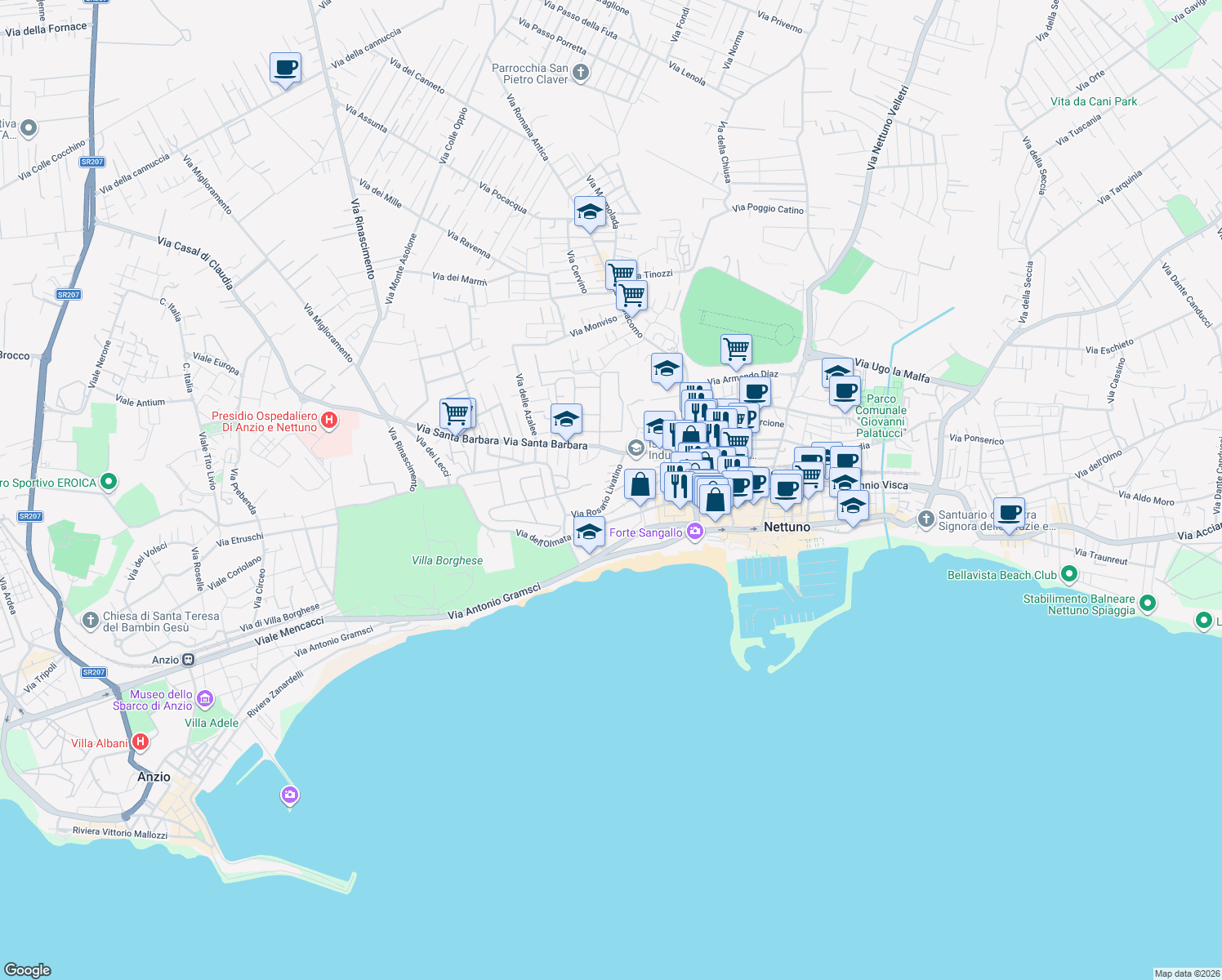 map of restaurants, bars, coffee shops, grocery stores, and more near 9B Via degli Oleandri in Nettuno