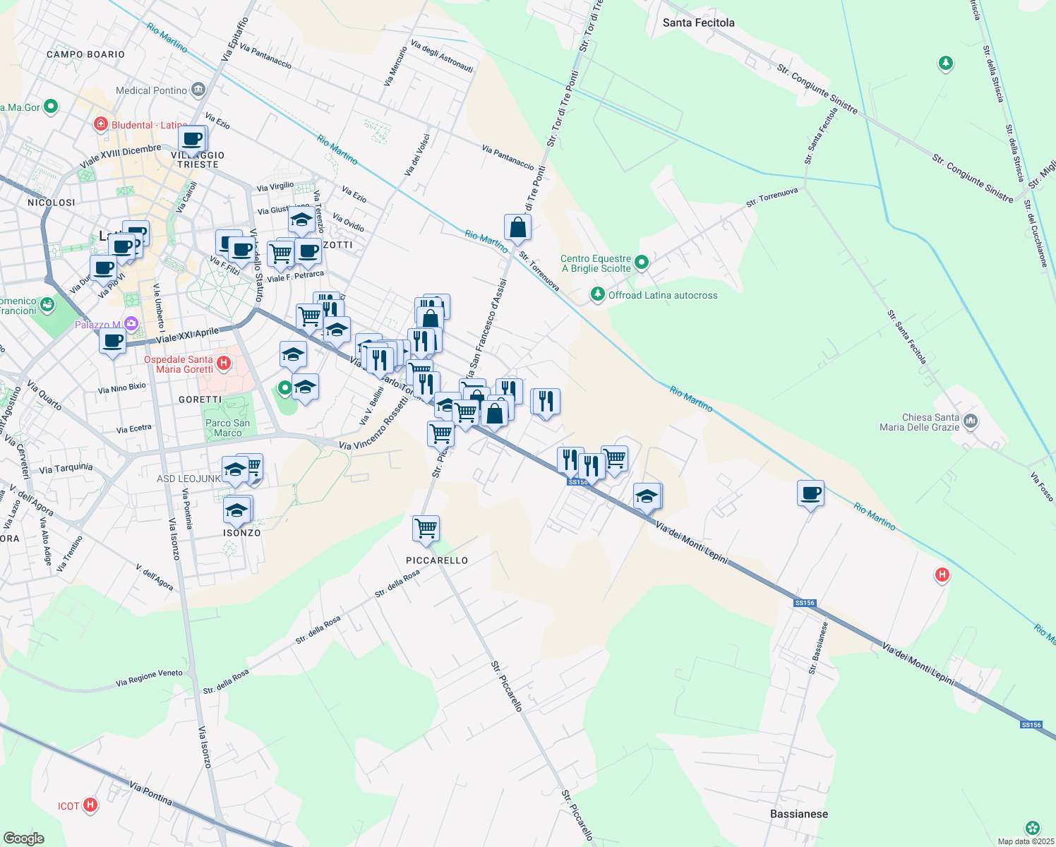 map of restaurants, bars, coffee shops, grocery stores, and more near Via dei Greci in Latina