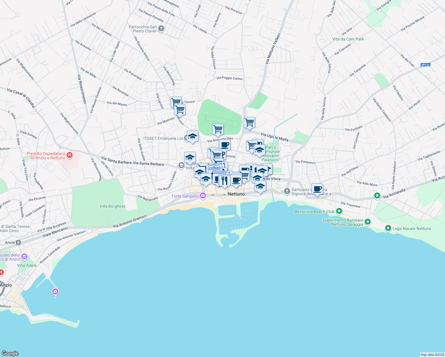 map of restaurants, bars, coffee shops, grocery stores, and more near 13 Via Vittorio Veneto in Nettuno