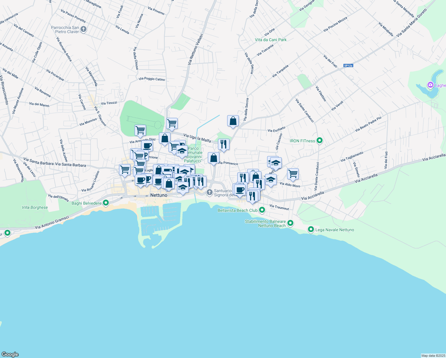 map of restaurants, bars, coffee shops, grocery stores, and more near 4 Via Ponza in Nettuno