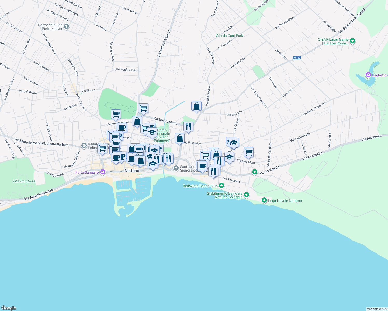 map of restaurants, bars, coffee shops, grocery stores, and more near 4 Via Ponza in Nettuno