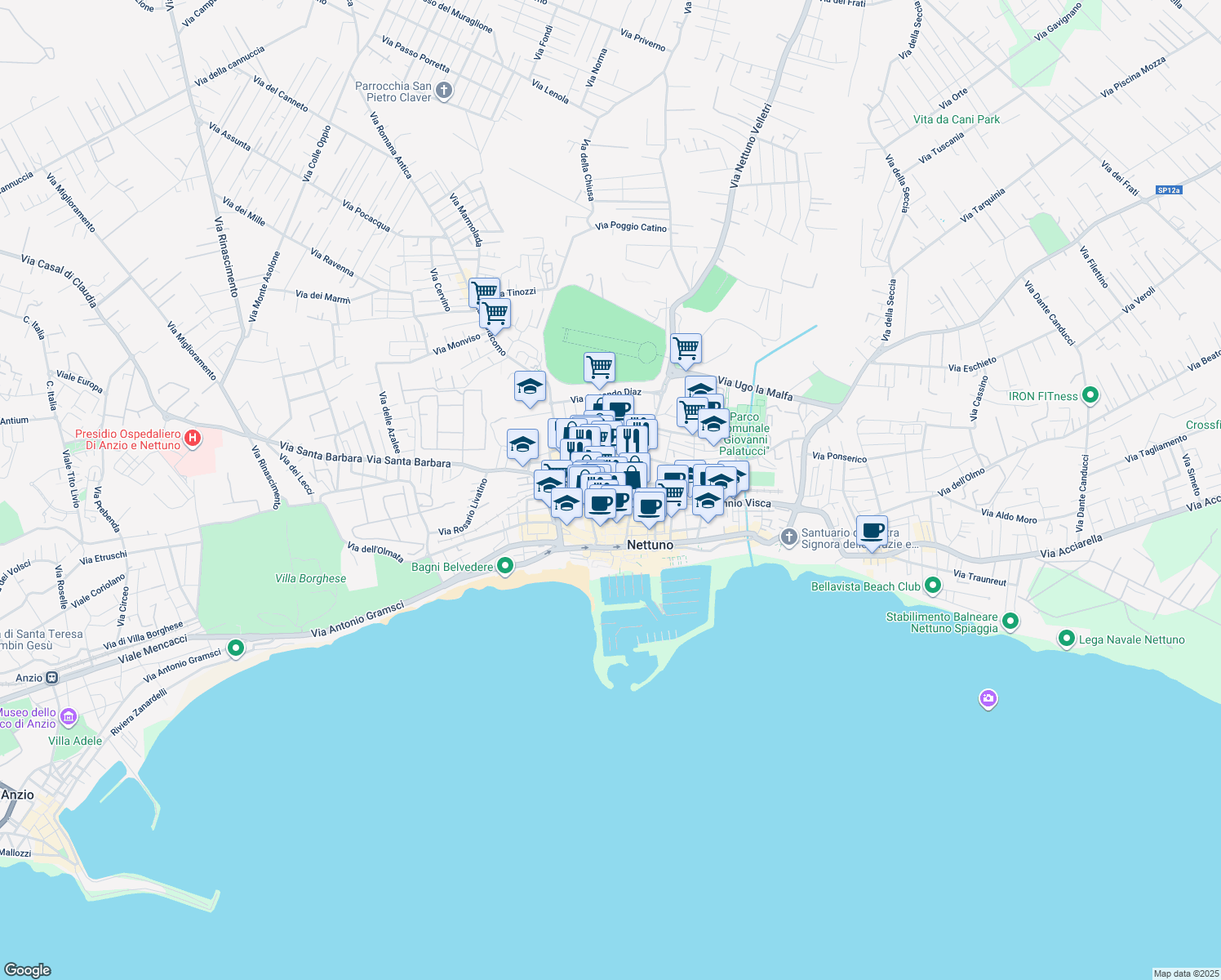 map of restaurants, bars, coffee shops, grocery stores, and more near 38 Via XXV Luglio in Nettuno