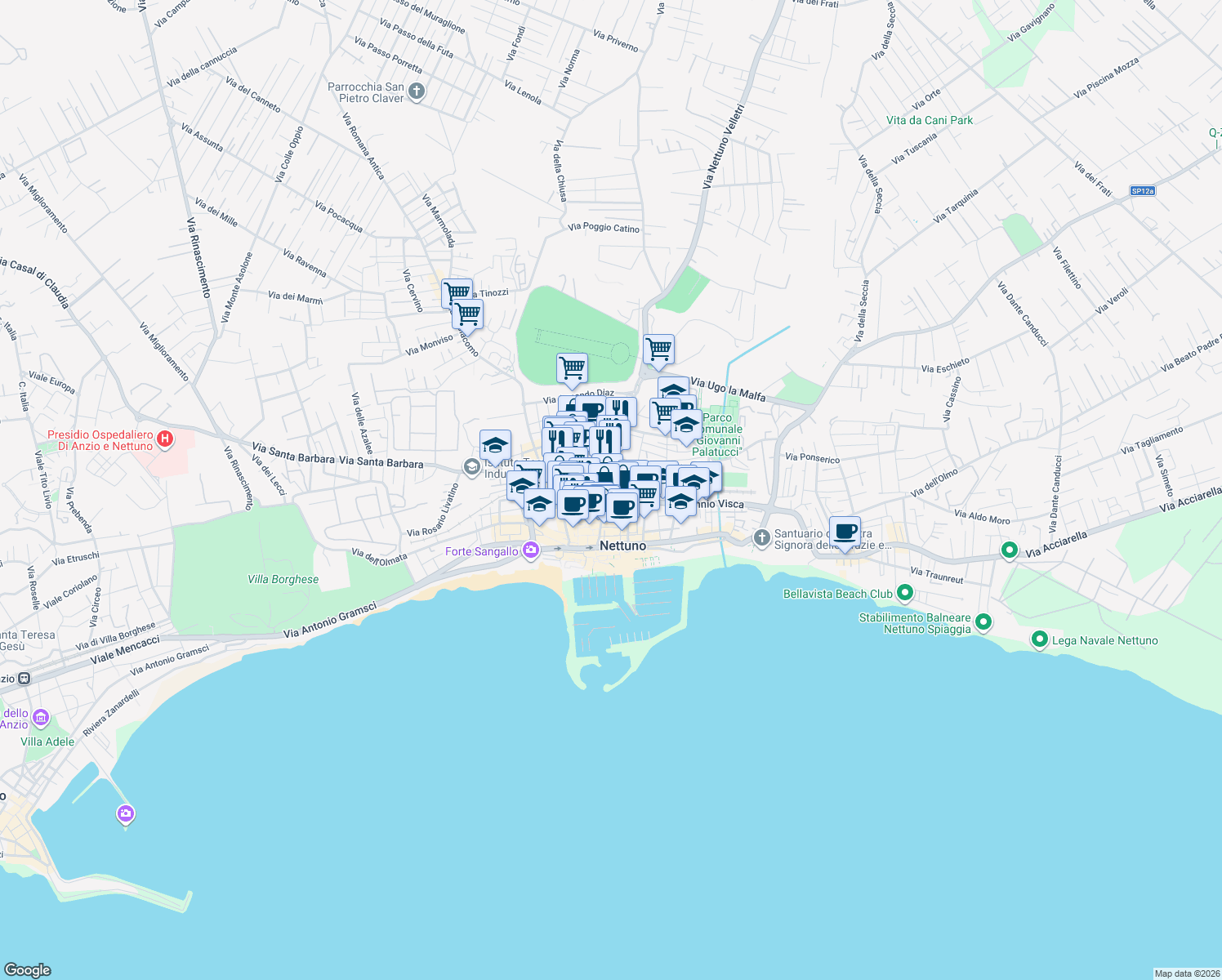 map of restaurants, bars, coffee shops, grocery stores, and more near 86 Via Santa Maria in Nettuno