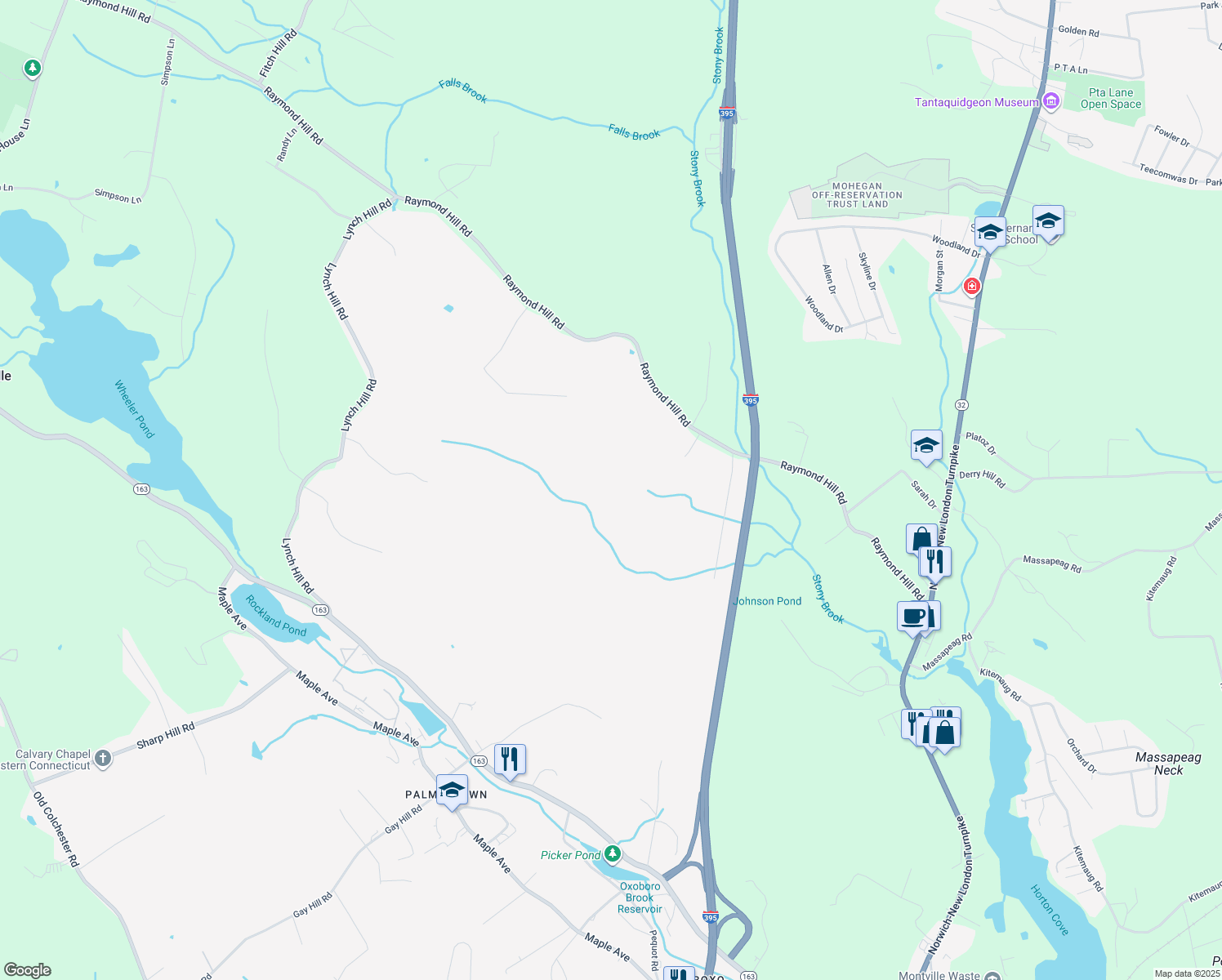map of restaurants, bars, coffee shops, grocery stores, and more near 410 Raymond Hill Road in Montville