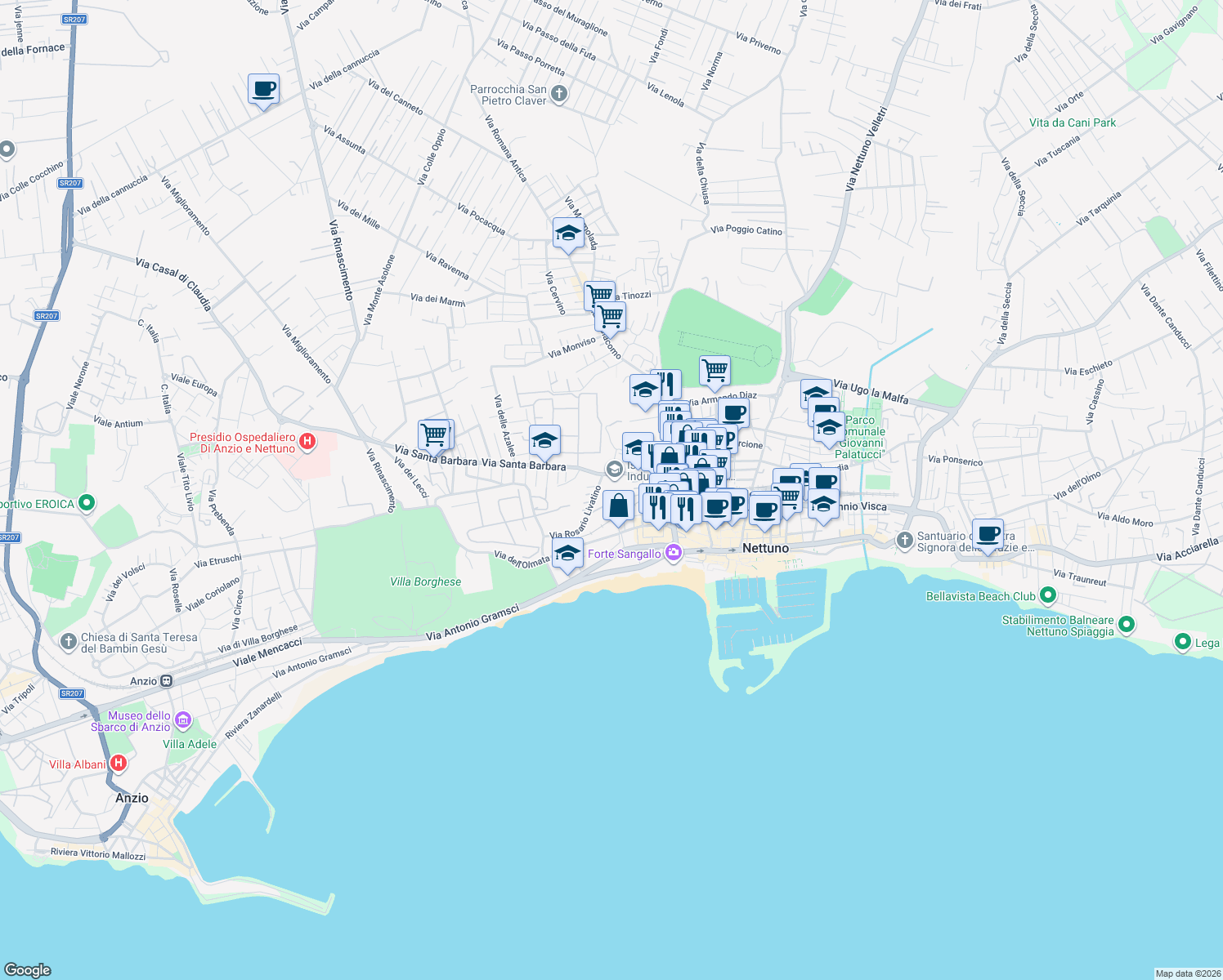 map of restaurants, bars, coffee shops, grocery stores, and more near 53 Via Santa Barbara in Nettuno