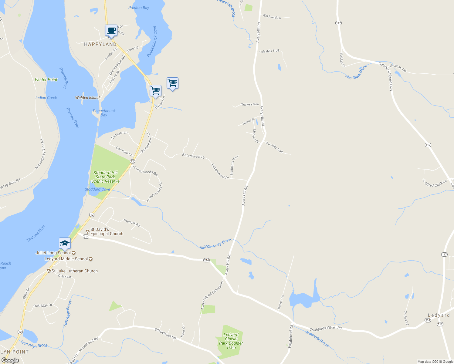 map of restaurants, bars, coffee shops, grocery stores, and more near 57 Bittersweet Drive in Ledyard