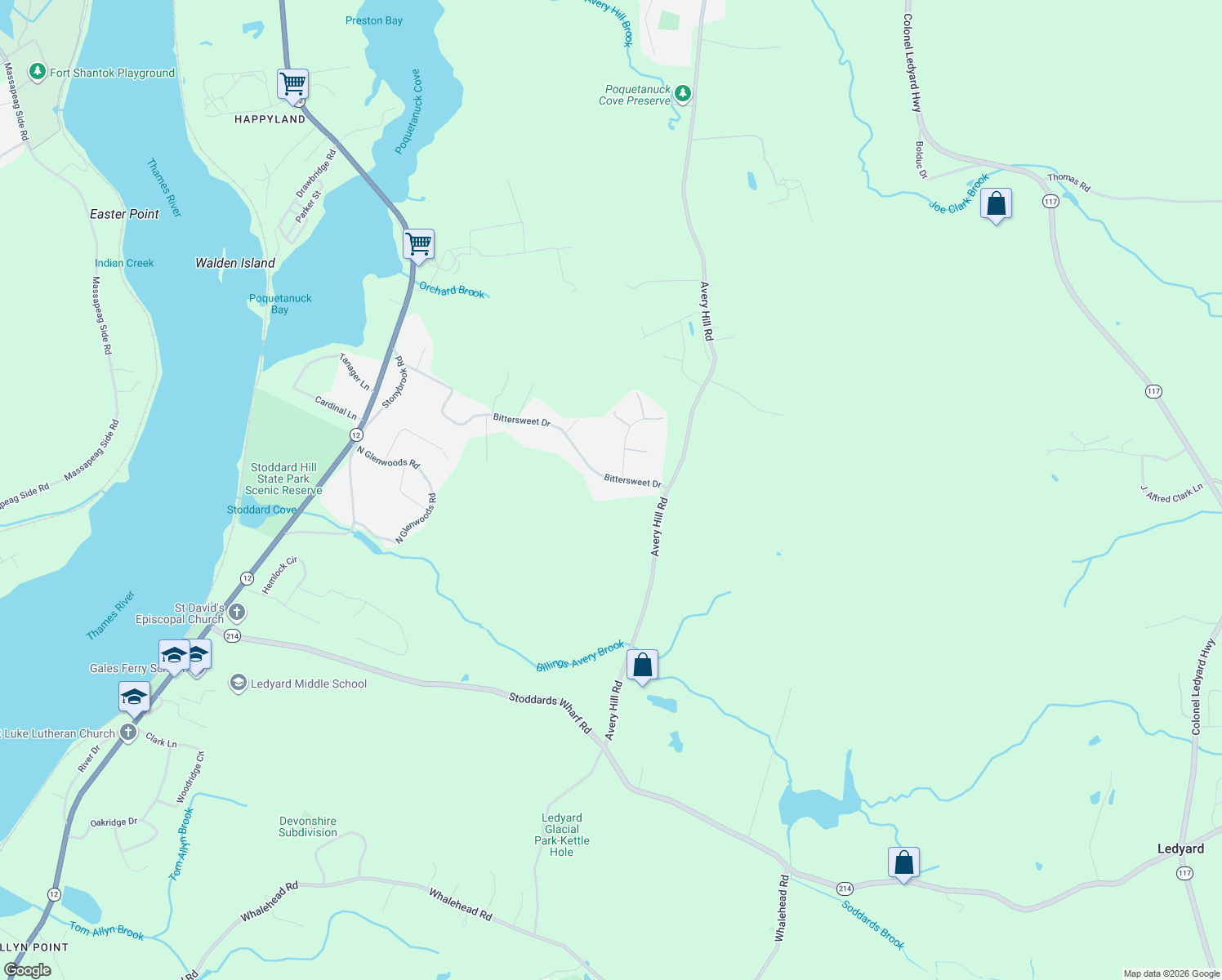 map of restaurants, bars, coffee shops, grocery stores, and more near 57 Bittersweet Drive in Ledyard