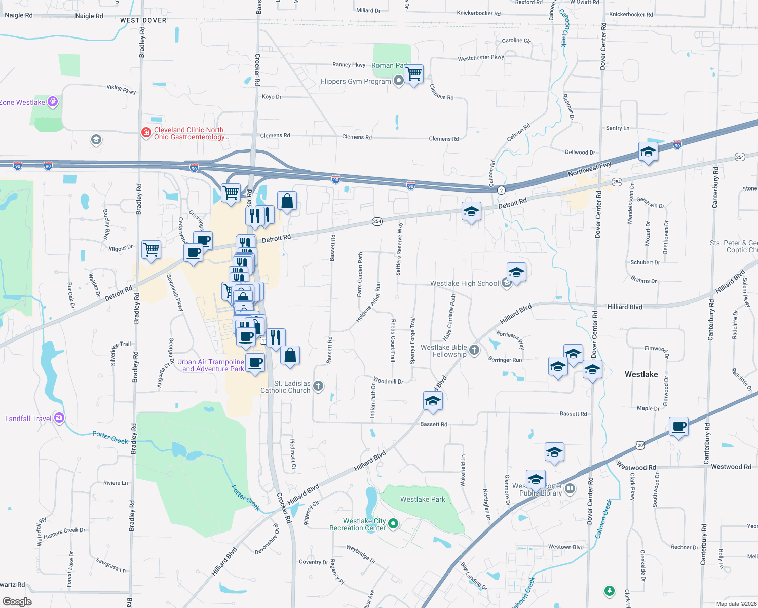 map of restaurants, bars, coffee shops, grocery stores, and more near 1833 Holdens Arbor Run in Westlake
