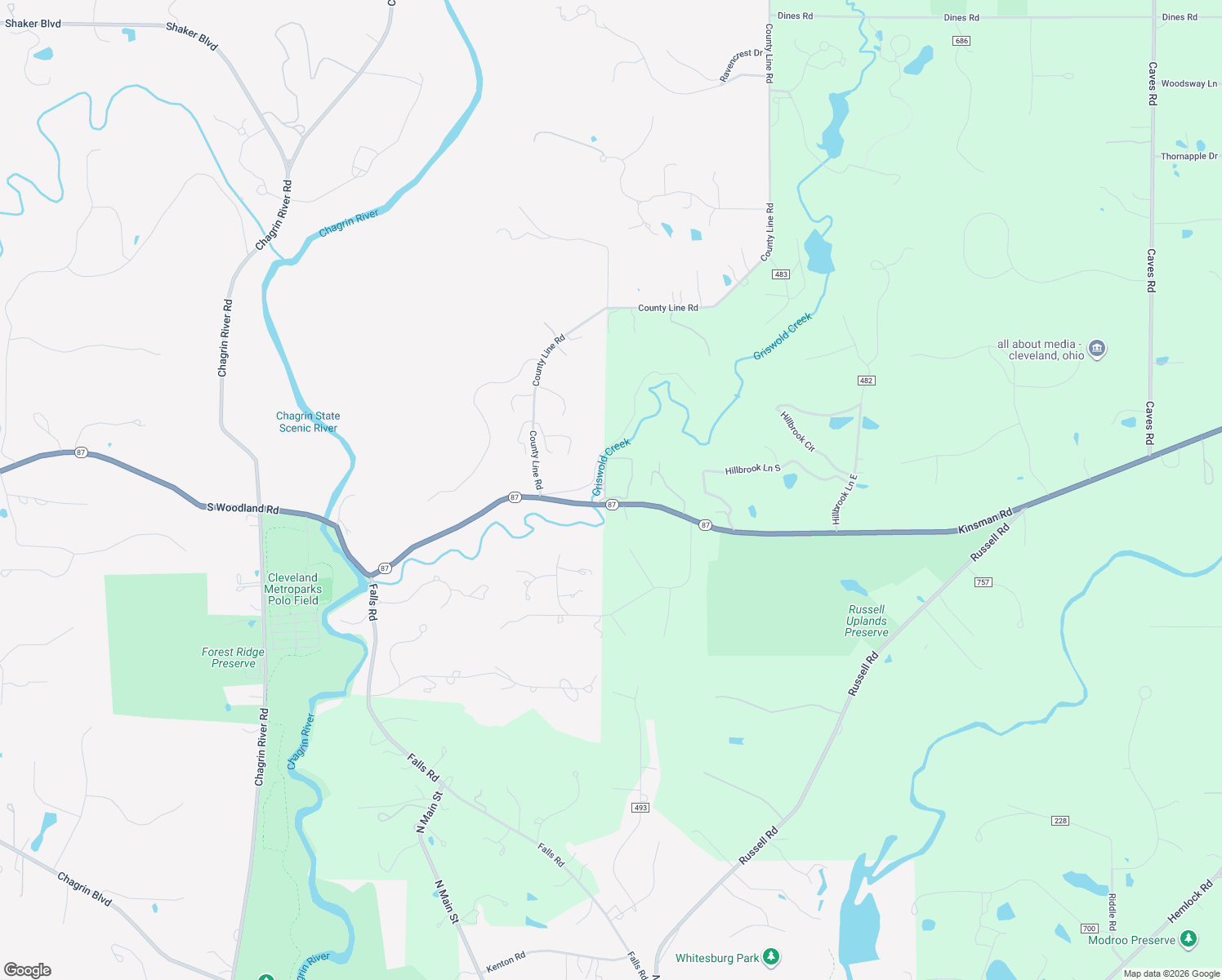 map of restaurants, bars, coffee shops, grocery stores, and more near 7020 Kinsman Road in Novelty