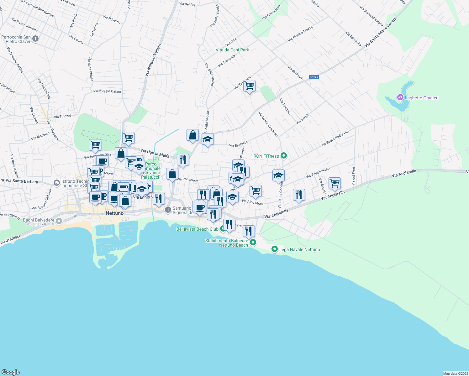 map of restaurants, bars, coffee shops, grocery stores, and more near 35 Via dell'Olmo in Nettuno