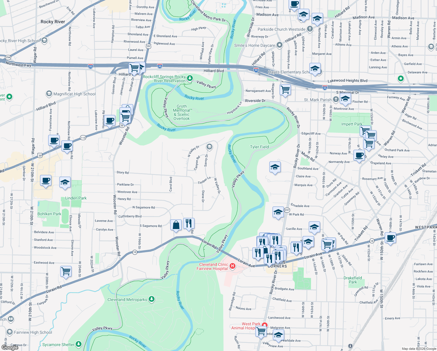 map of restaurants, bars, coffee shops, grocery stores, and more near 3931 W Valley Dr in Fairview Park
