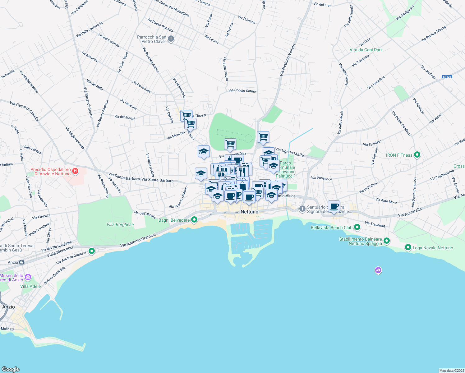 map of restaurants, bars, coffee shops, grocery stores, and more near 38 Via 25 Luglio in Nettuno