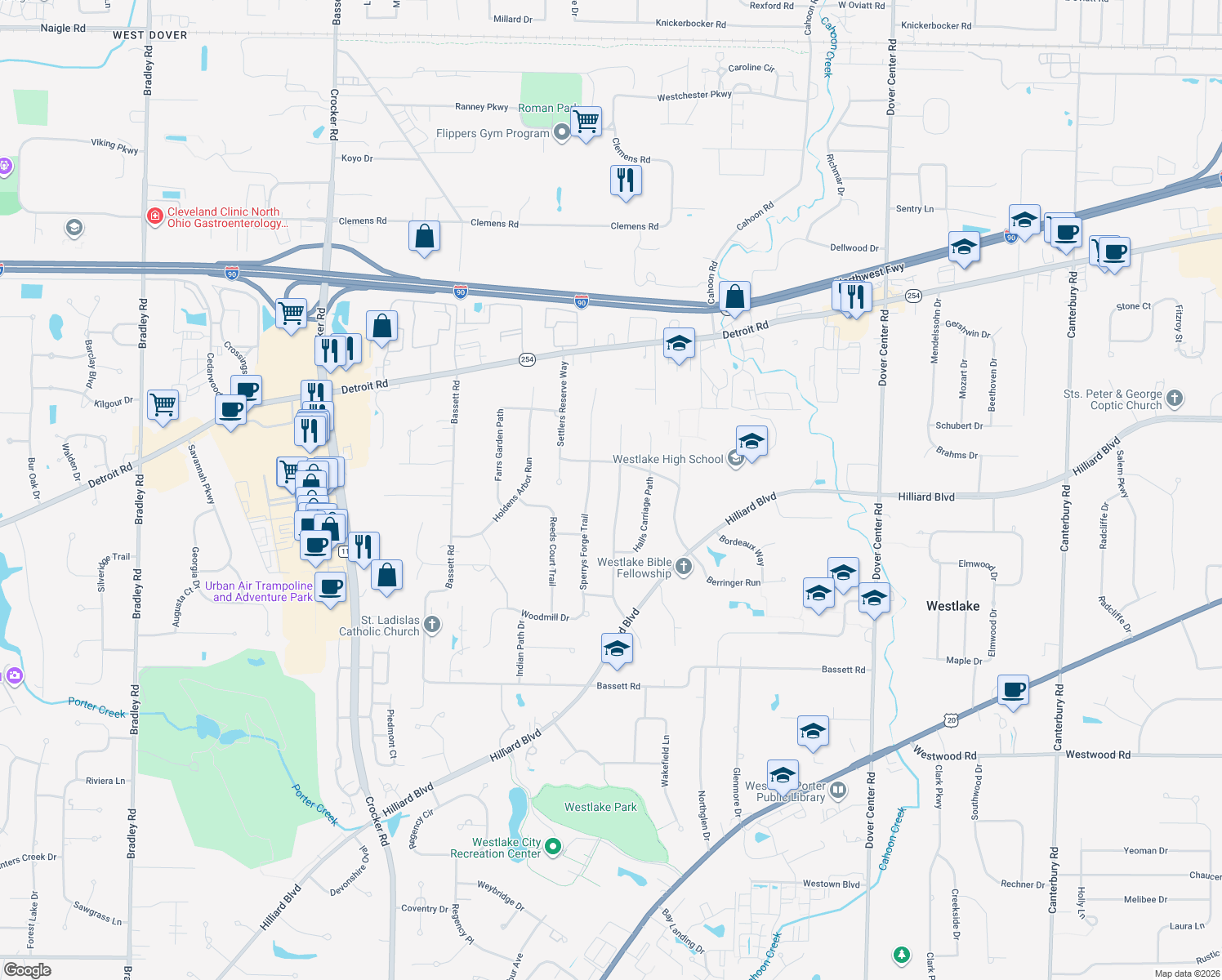 map of restaurants, bars, coffee shops, grocery stores, and more near 1826 Coes Post Run in Westlake