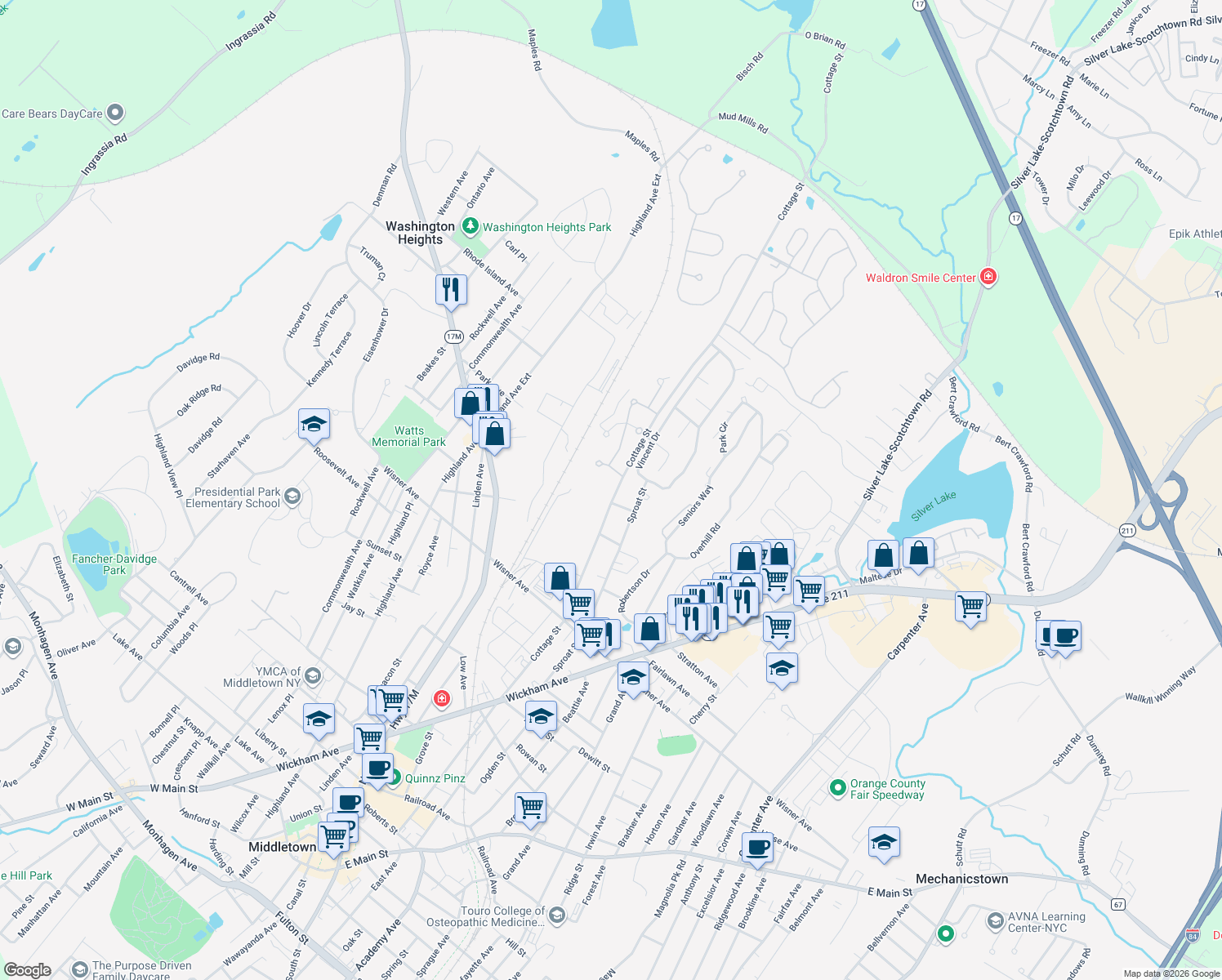 map of restaurants, bars, coffee shops, grocery stores, and more near 267 Cottage Street in Middletown