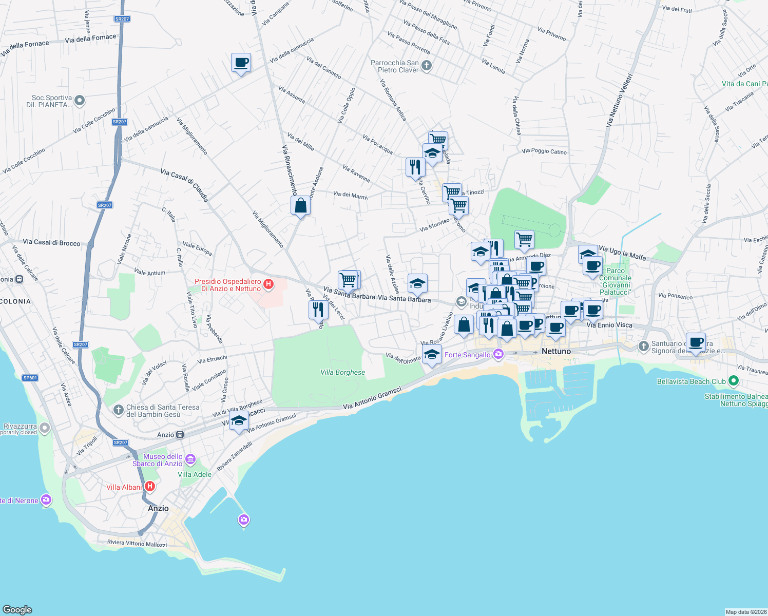 map of restaurants, bars, coffee shops, grocery stores, and more near 15 Via dei Gerani in Nettuno