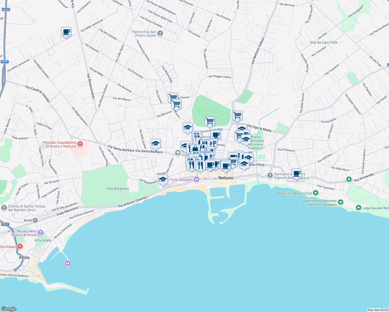 map of restaurants, bars, coffee shops, grocery stores, and more near 43 Via Sangallo Forte in Nettuno