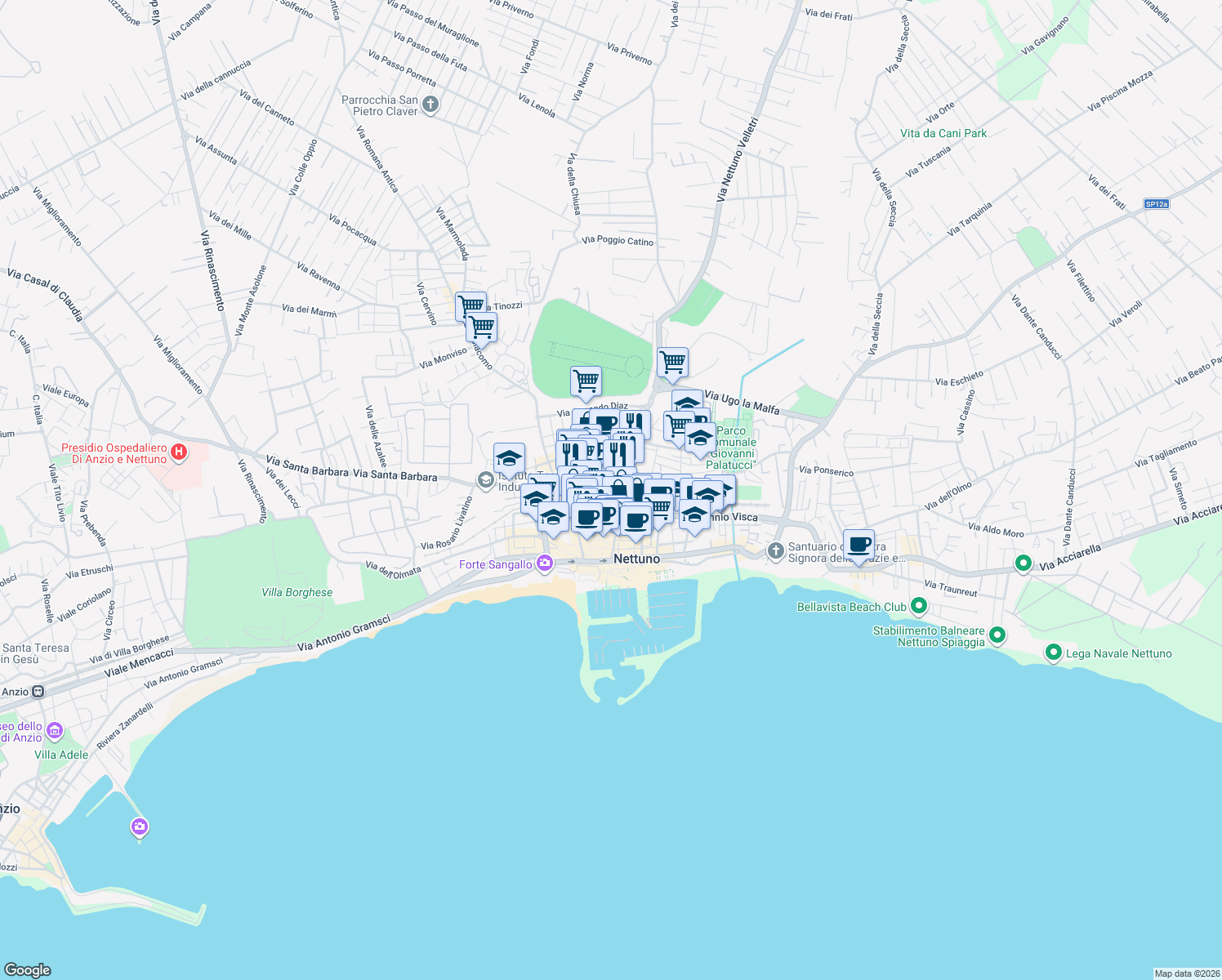 map of restaurants, bars, coffee shops, grocery stores, and more near 86 Via Santa Maria in Nettuno