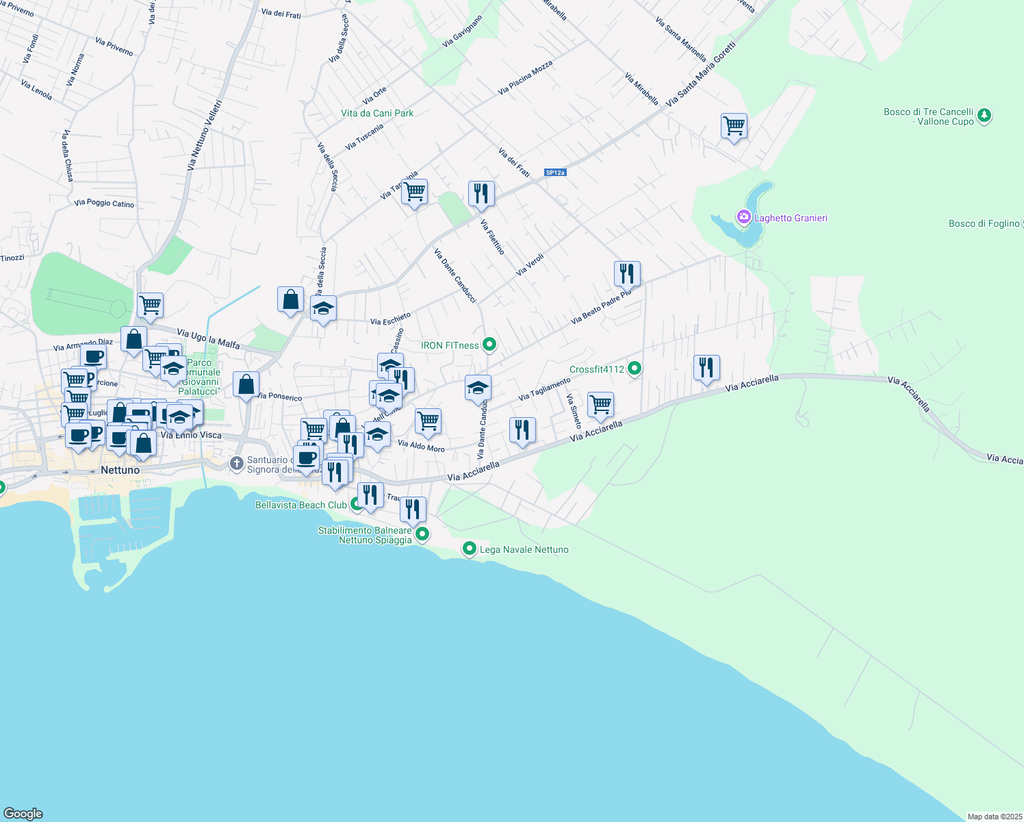 map of restaurants, bars, coffee shops, grocery stores, and more near 4B Via Sacco in Nettuno
