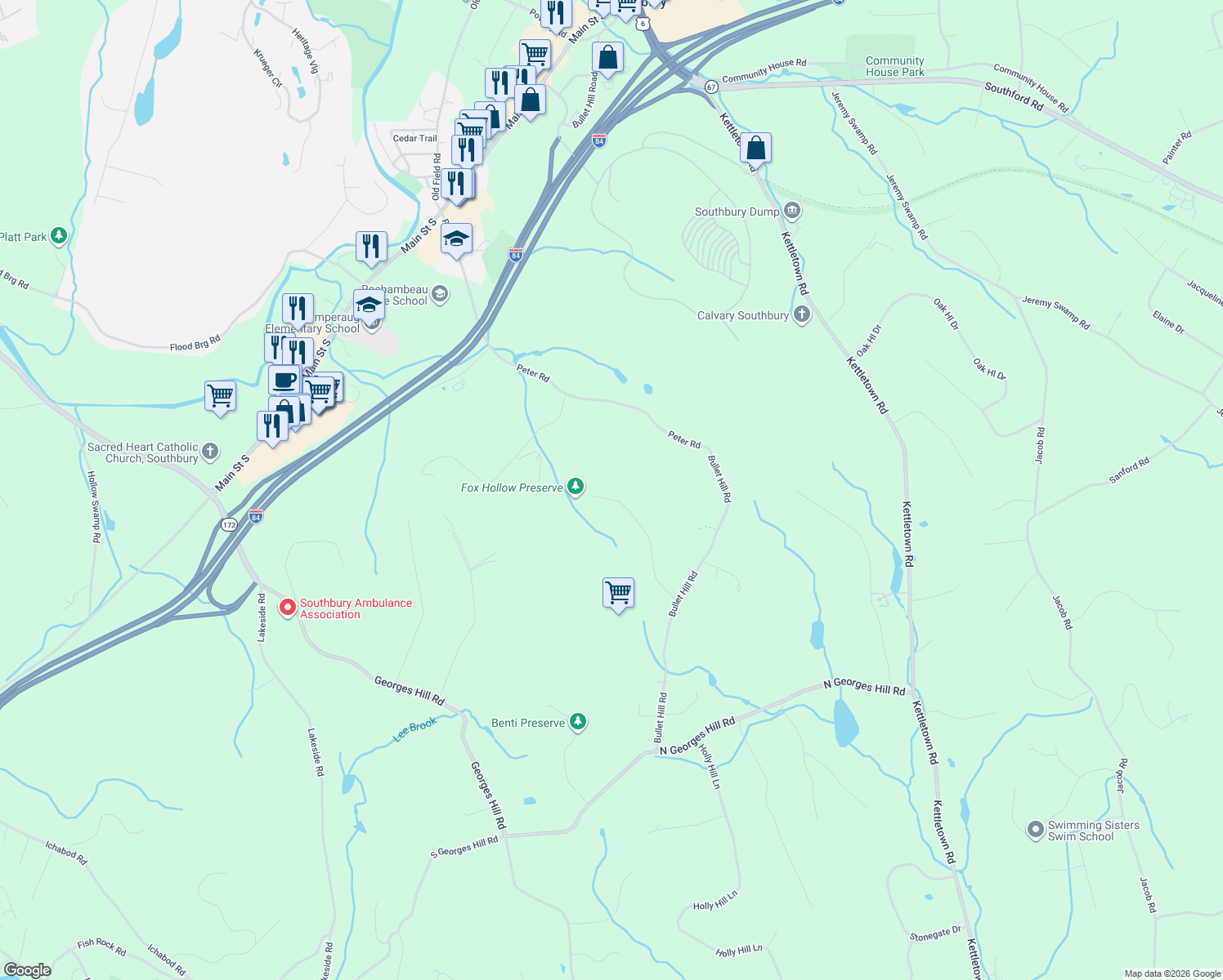 map of restaurants, bars, coffee shops, grocery stores, and more near 172 Sleepy Hill Road in Southbury