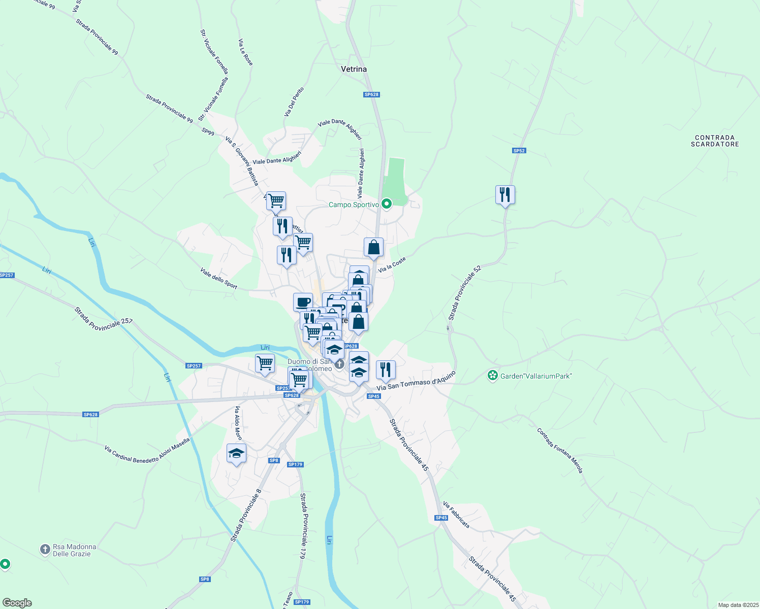 map of restaurants, bars, coffee shops, grocery stores, and more near 9 Via Galileo Galilei in Pontecorvo