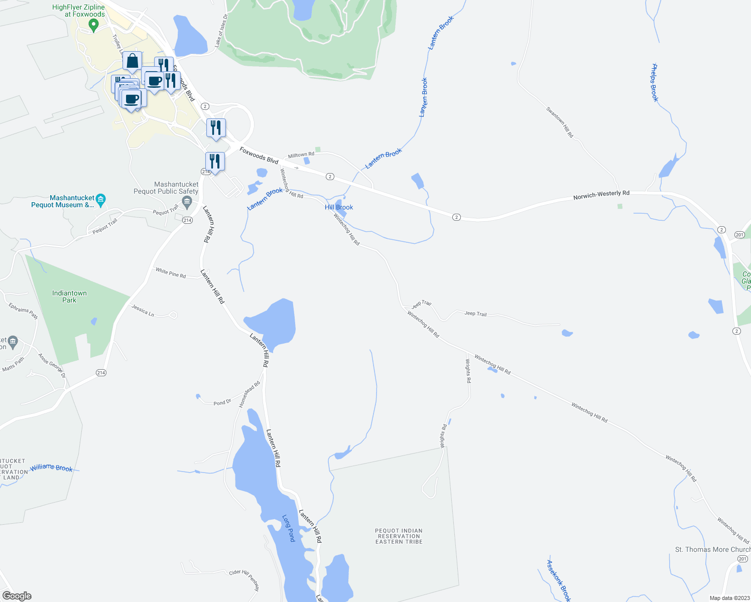 map of restaurants, bars, coffee shops, grocery stores, and more near 217 Wintechog Hill Road in North Stonington