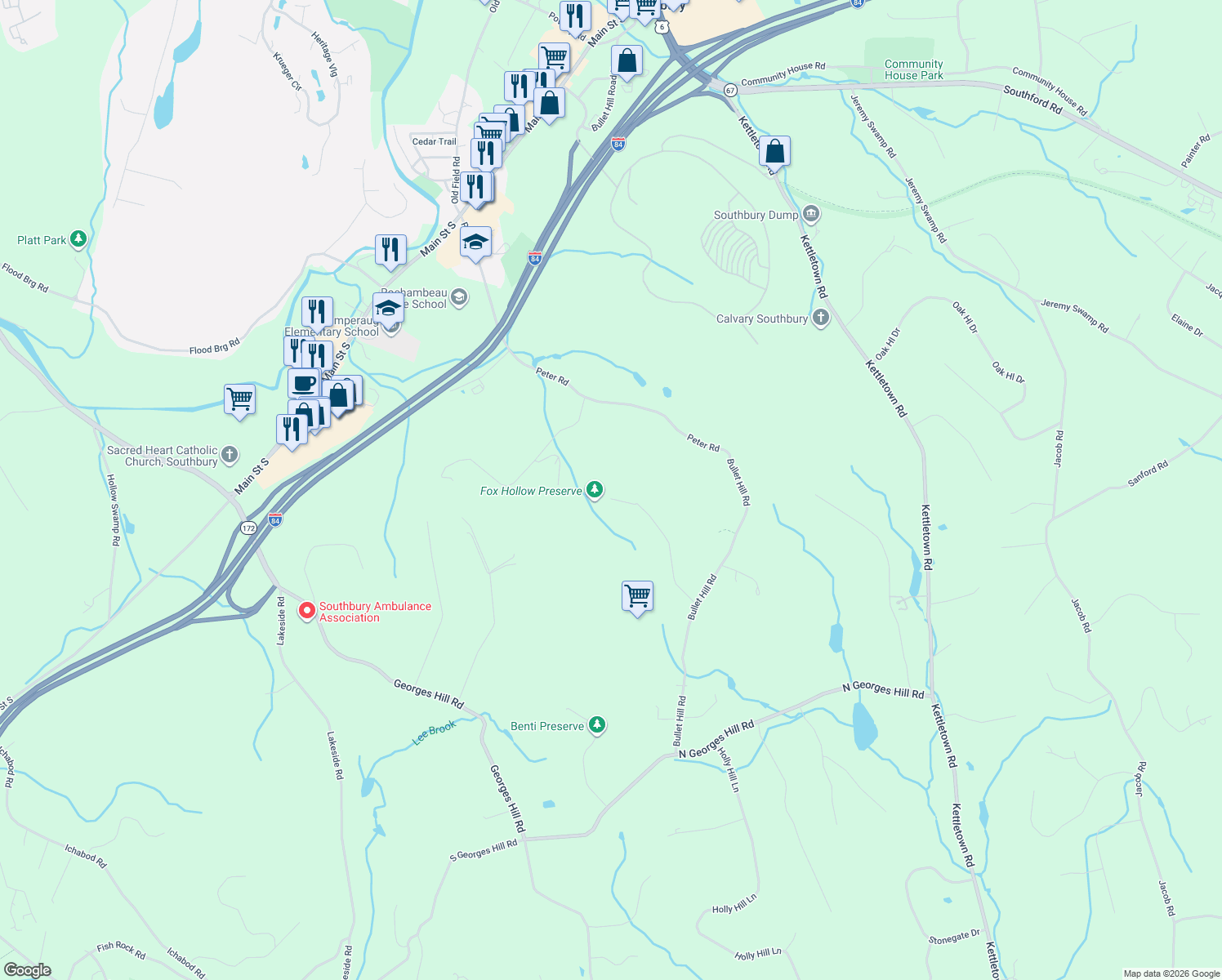 map of restaurants, bars, coffee shops, grocery stores, and more near 190 Sleepy Hill Road in Southbury