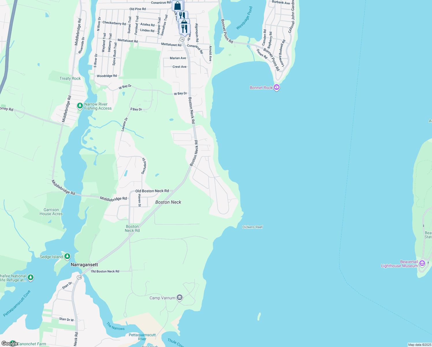 map of restaurants, bars, coffee shops, grocery stores, and more near 100 N Cliff Dr in Narragansett