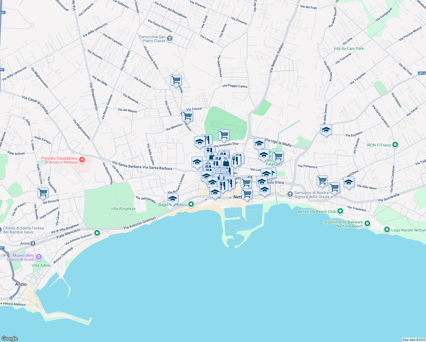 map of restaurants, bars, coffee shops, grocery stores, and more near 13 Via della Libertà in Nettuno