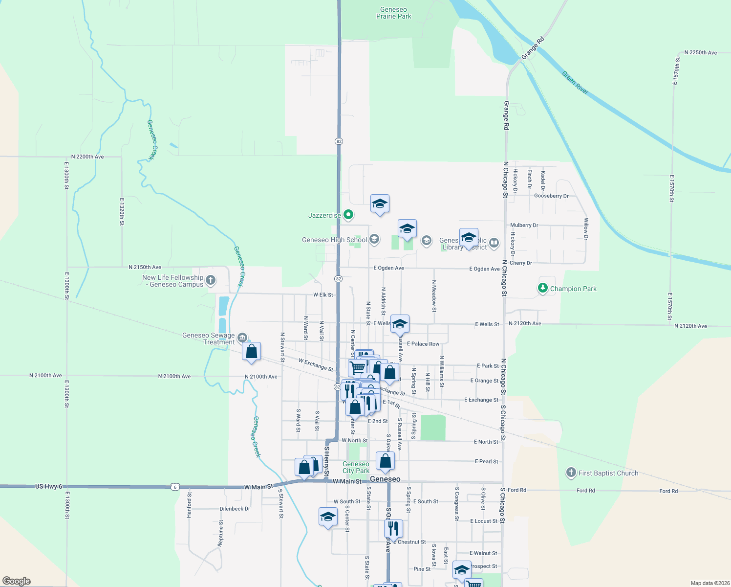 map of restaurants, bars, coffee shops, grocery stores, and more near 603 North State Street in Geneseo