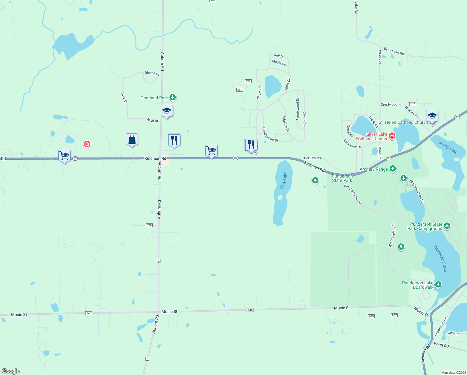 map of restaurants, bars, coffee shops, grocery stores, and more near 11315 Kinsman Road in Geauga County