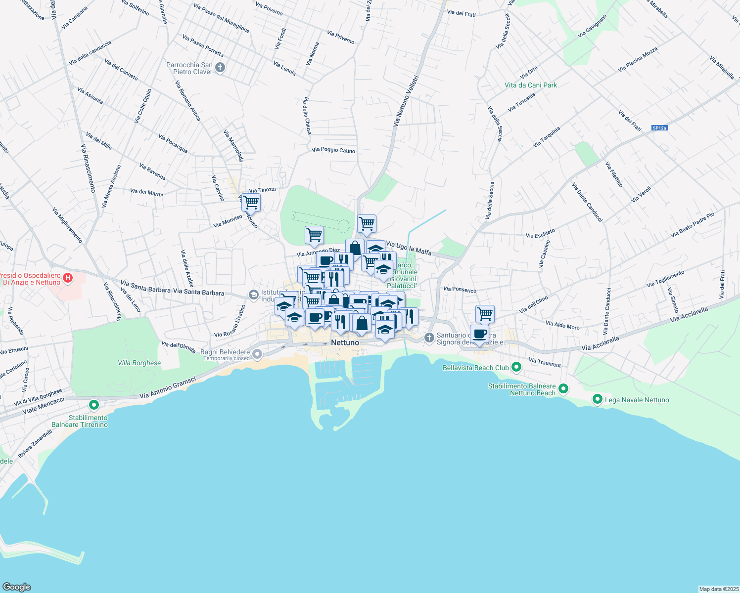 map of restaurants, bars, coffee shops, grocery stores, and more near 80 Via Lombardia in Nettuno