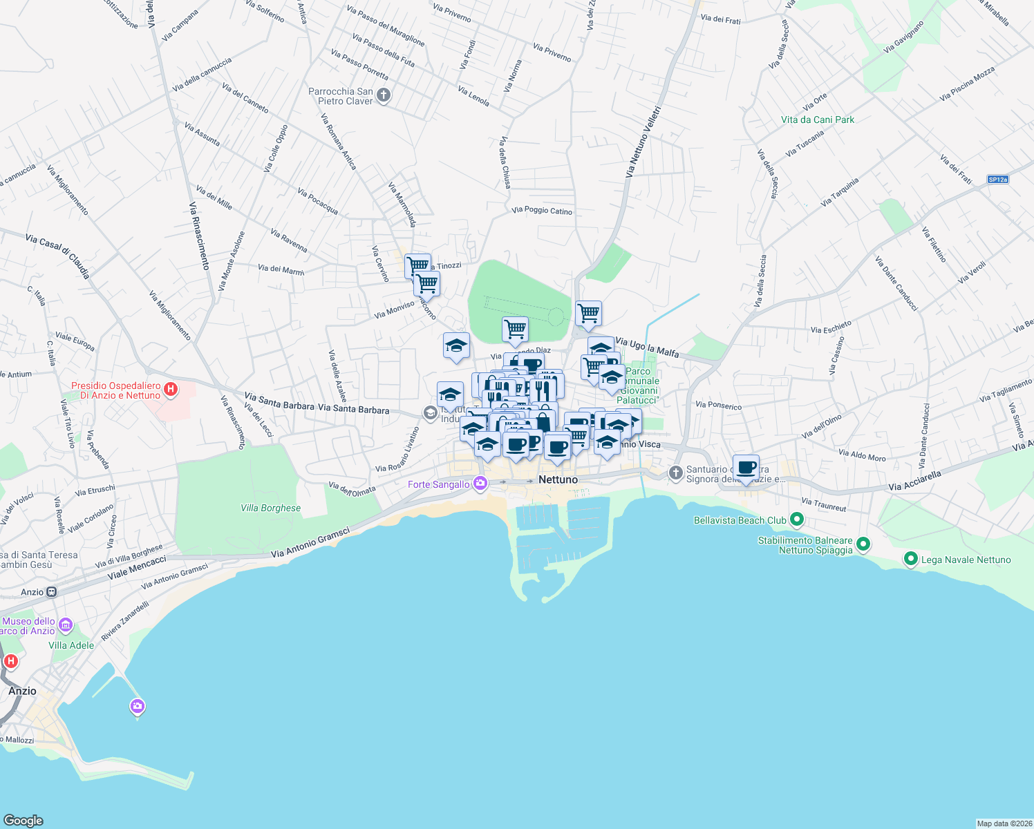 map of restaurants, bars, coffee shops, grocery stores, and more near 38 Via 25 Luglio in Nettuno