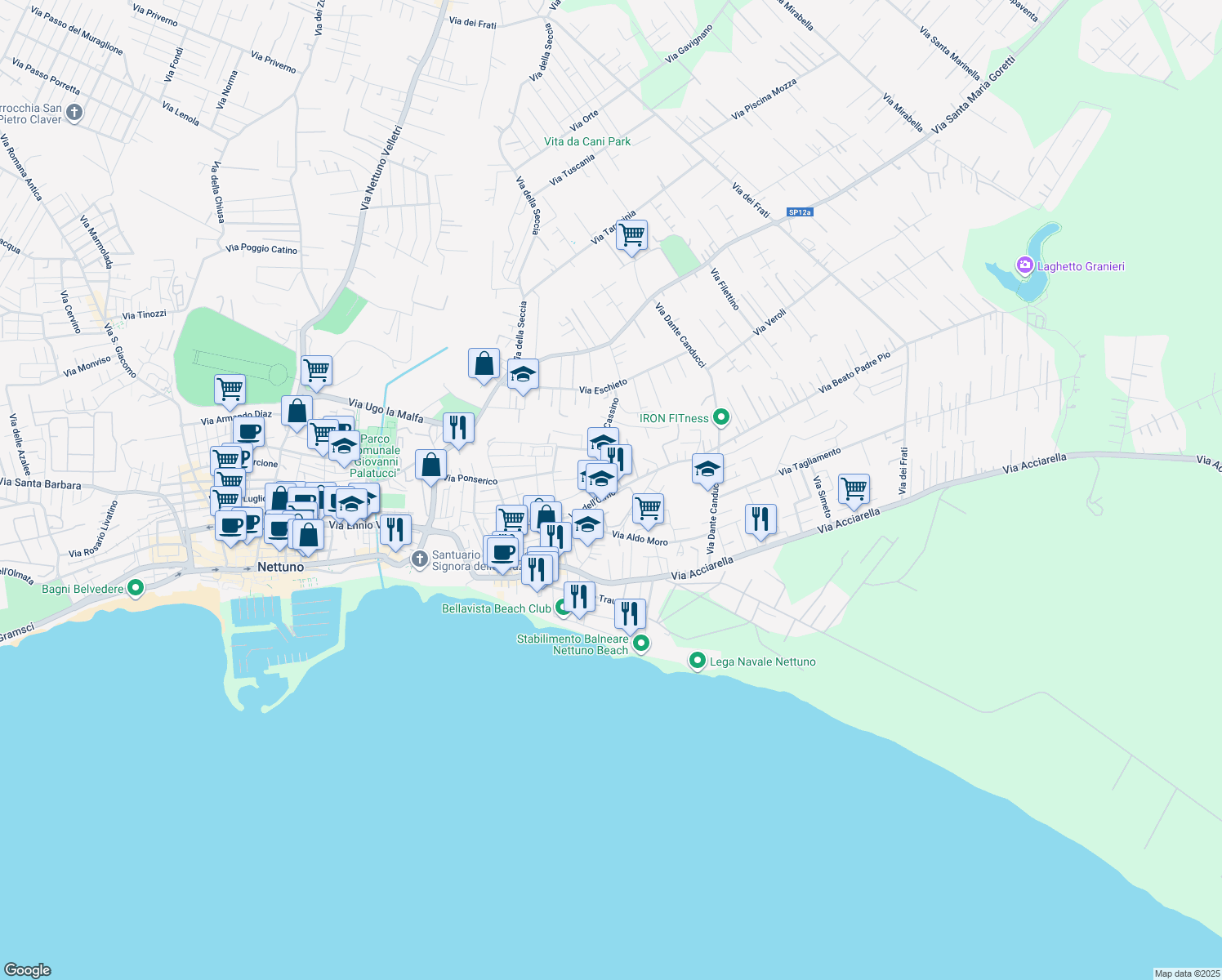 map of restaurants, bars, coffee shops, grocery stores, and more near 35 Via dell'Olmo in Nettuno