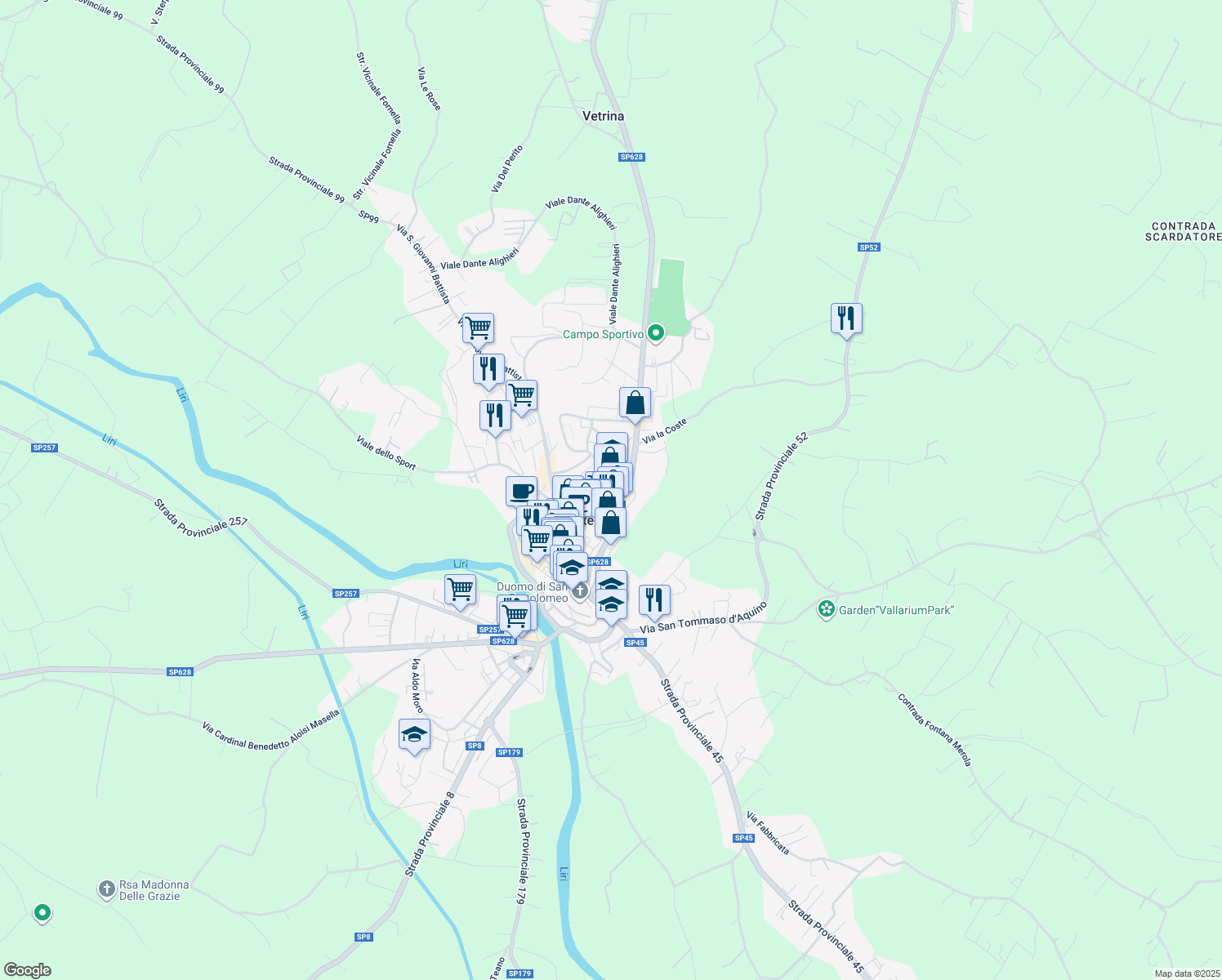 map of restaurants, bars, coffee shops, grocery stores, and more near 13-15 Via Galileo Galilei in Pontecorvo