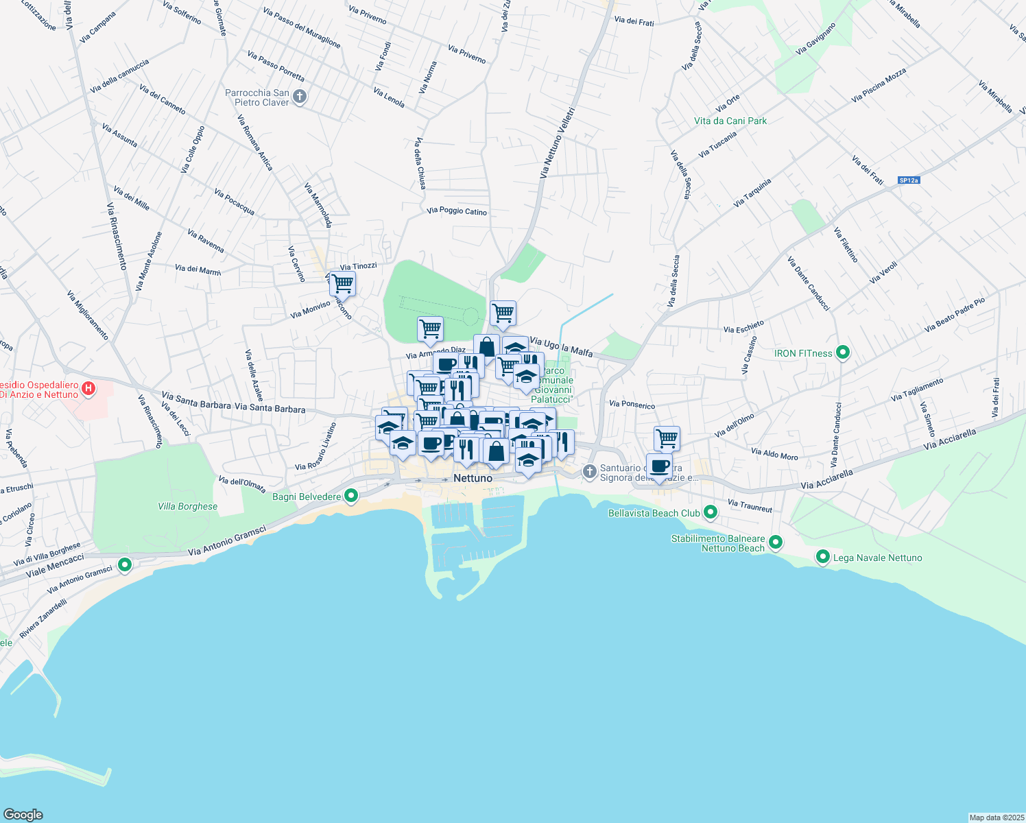 map of restaurants, bars, coffee shops, grocery stores, and more near 80/A Via Lombardia in Nettuno