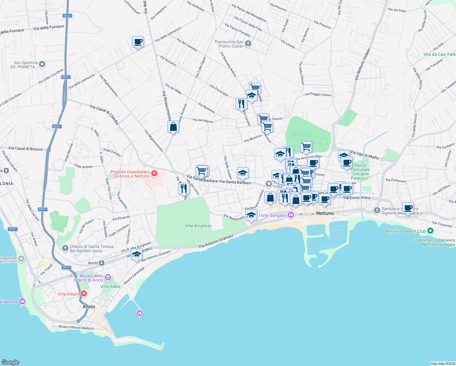 map of restaurants, bars, coffee shops, grocery stores, and more near 15 Via dei Gerani in Nettuno