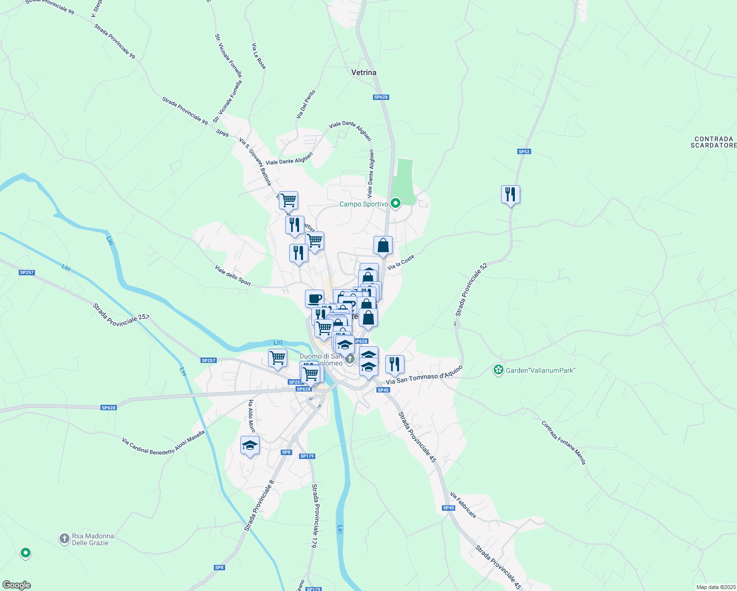 map of restaurants, bars, coffee shops, grocery stores, and more near 15 Via Galileo Galilei in Pontecorvo