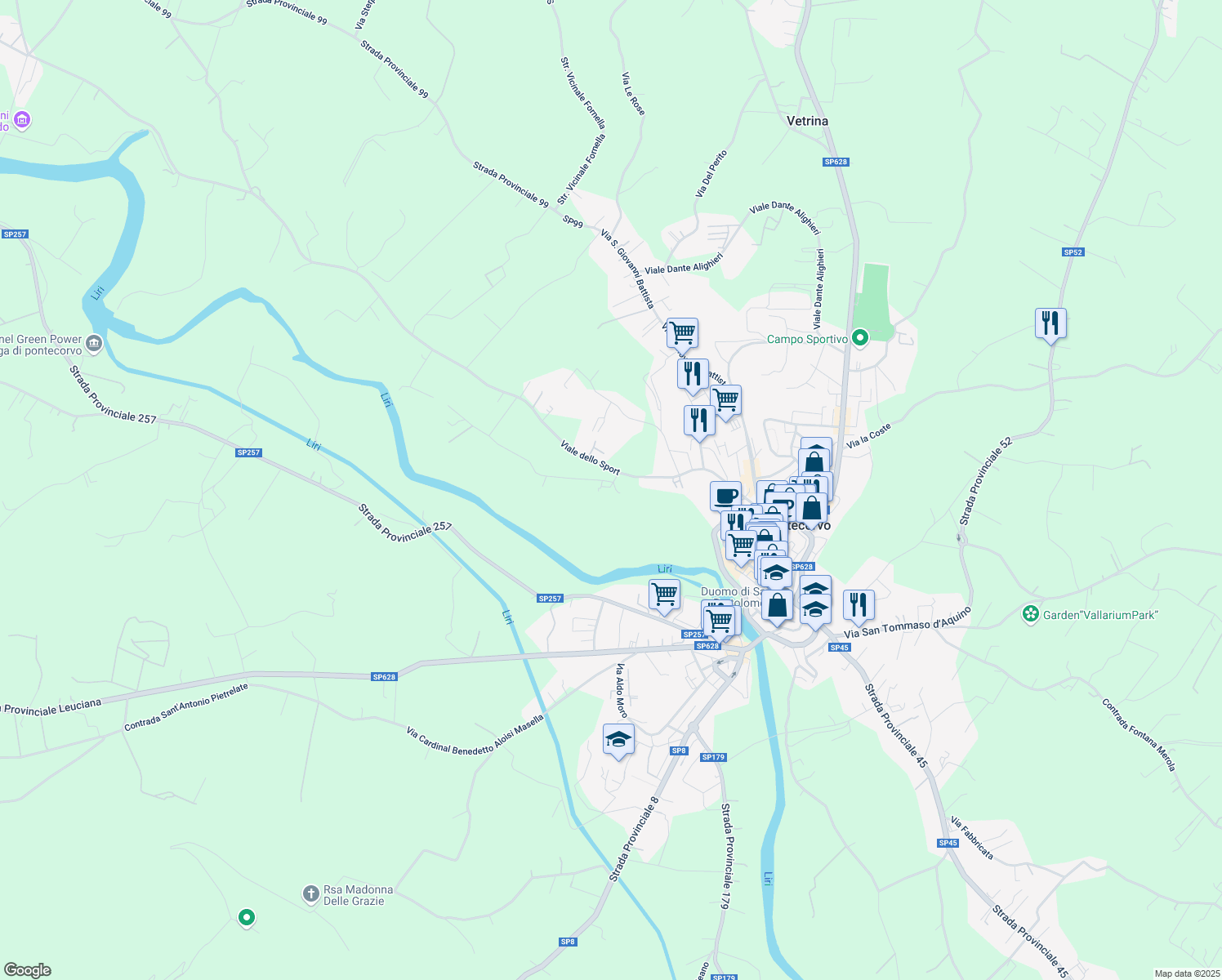 map of restaurants, bars, coffee shops, grocery stores, and more near 17 Contrada Melfi di Sotto in Provincia di Frosinone