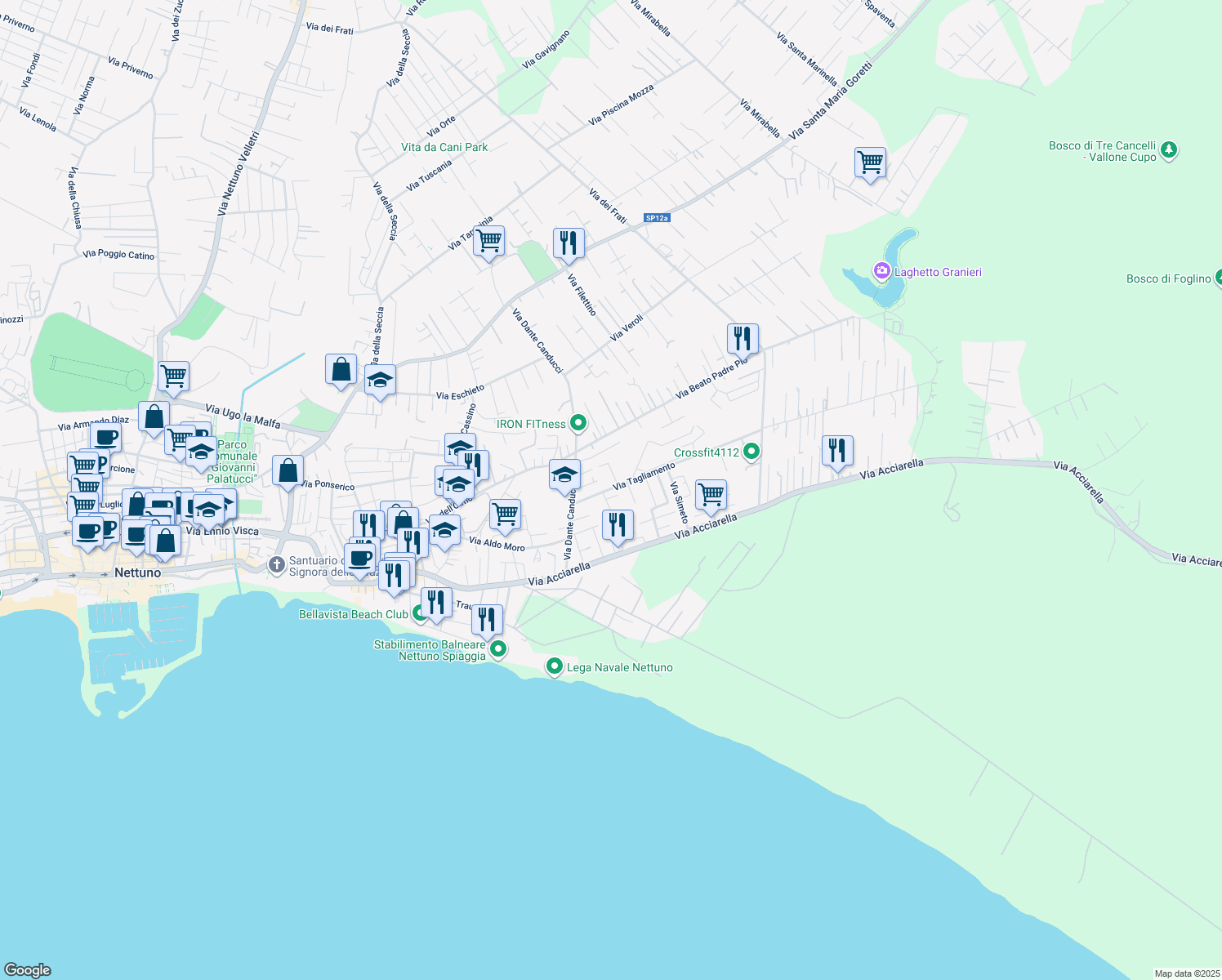 map of restaurants, bars, coffee shops, grocery stores, and more near 4B Via Sacco in Nettuno