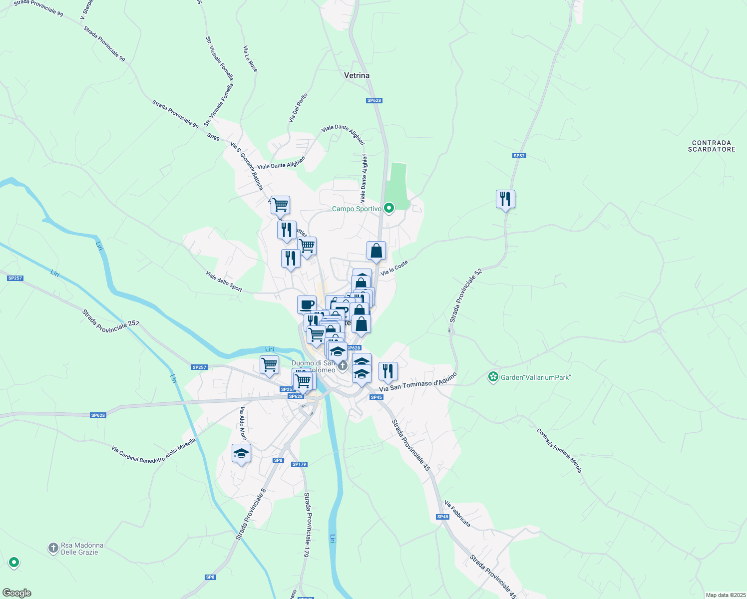 map of restaurants, bars, coffee shops, grocery stores, and more near 124A Via XXIV Maggio in Pontecorvo