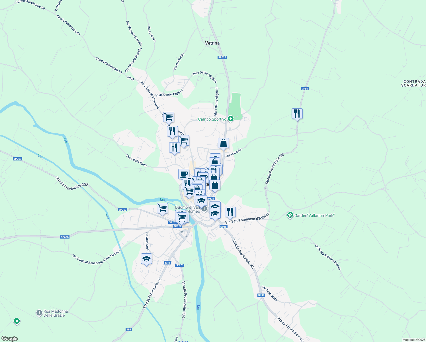 map of restaurants, bars, coffee shops, grocery stores, and more near 5 Via la Cupa in Pontecorvo