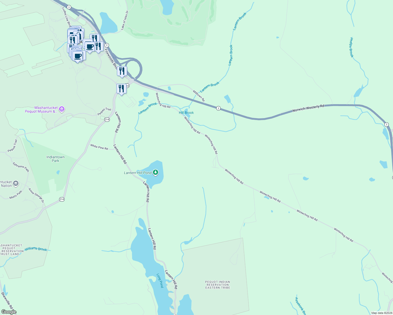 map of restaurants, bars, coffee shops, grocery stores, and more near 217 Wintechog Hill Road in North Stonington
