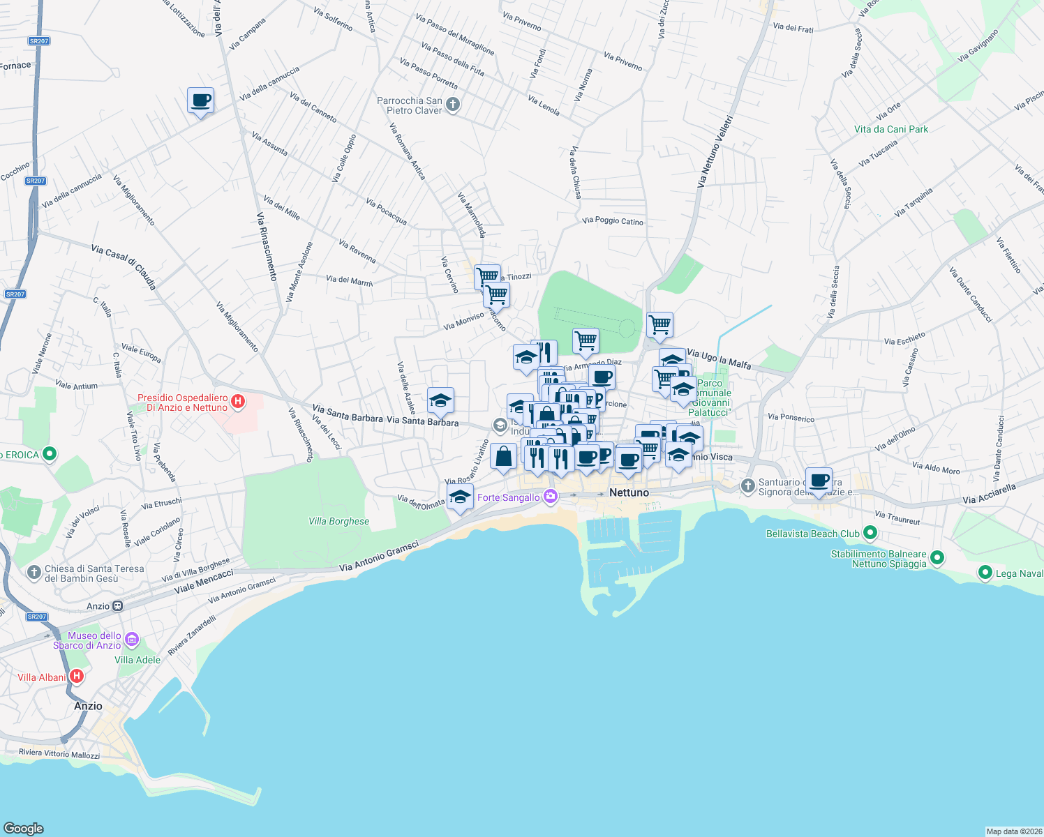 map of restaurants, bars, coffee shops, grocery stores, and more near 53 Via Santa Barbara in Nettuno