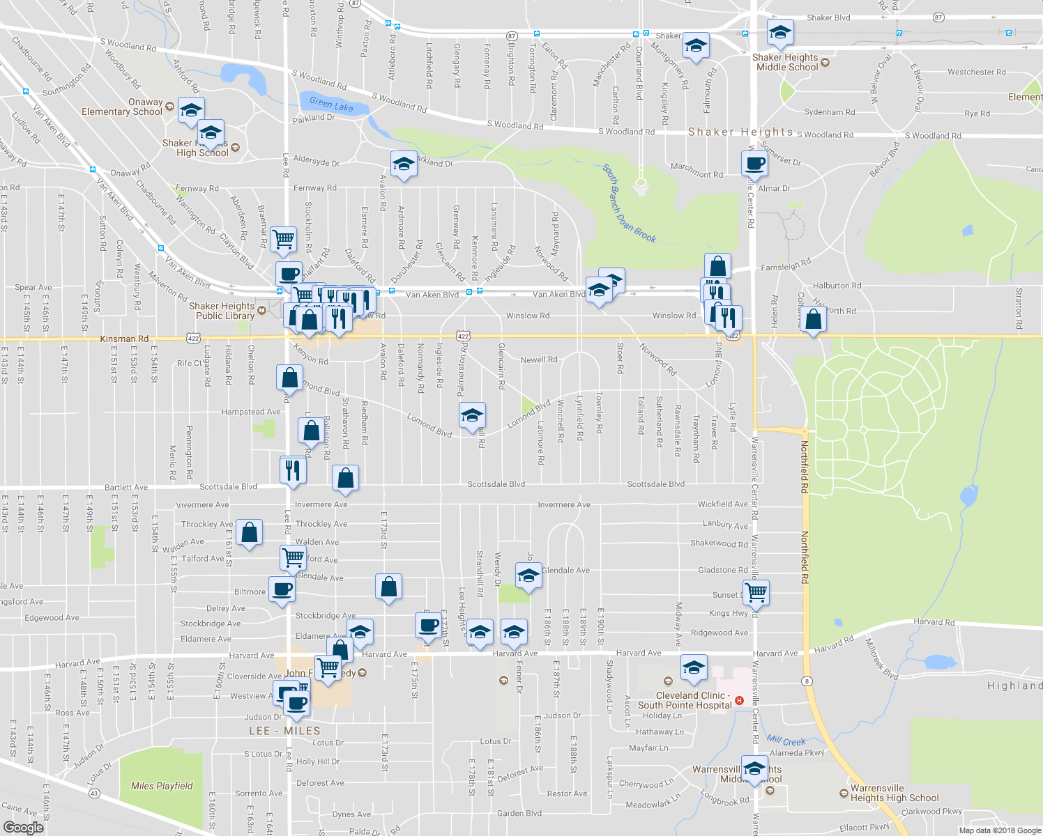 map of restaurants, bars, coffee shops, grocery stores, and more near Gridley Road in Shaker Heights